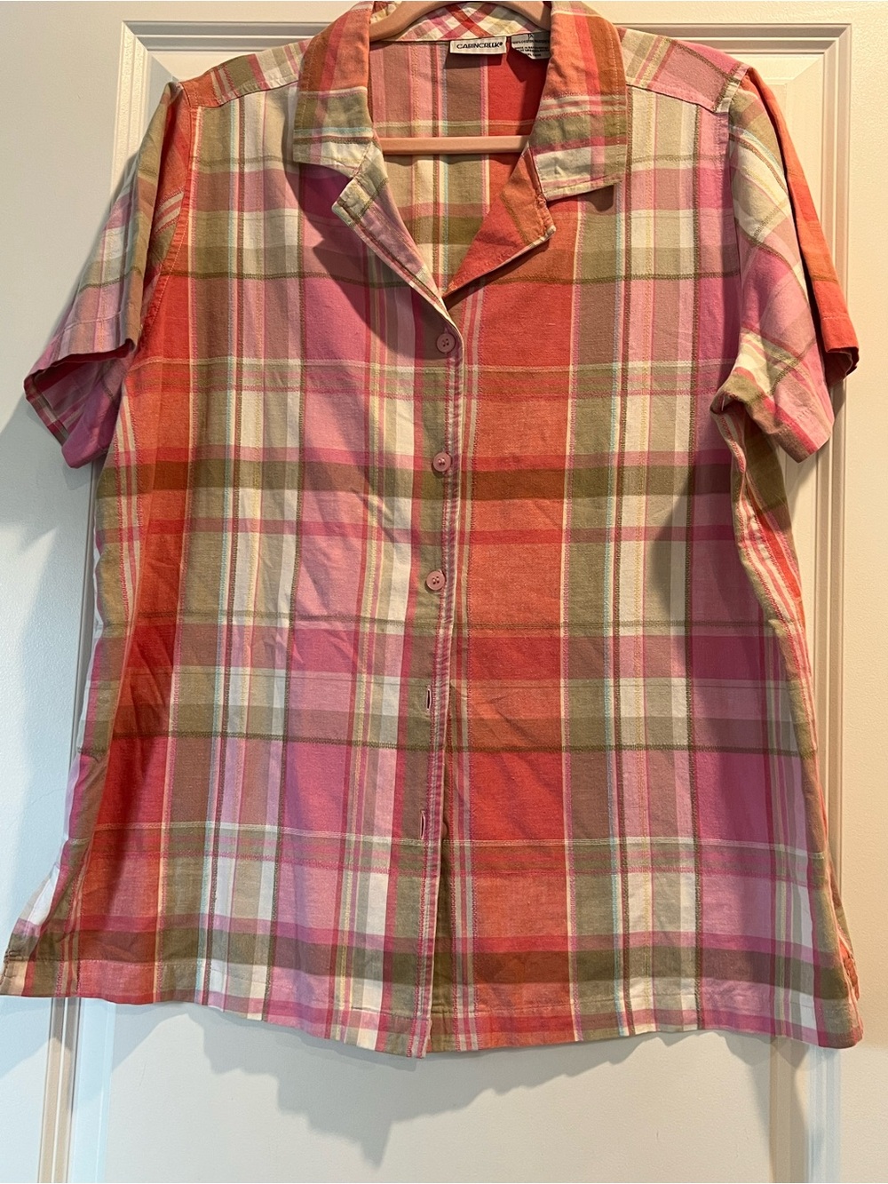 Cabin Creek Pink Coral and Green Plaid Short-Sleeve Button-Up Shirt